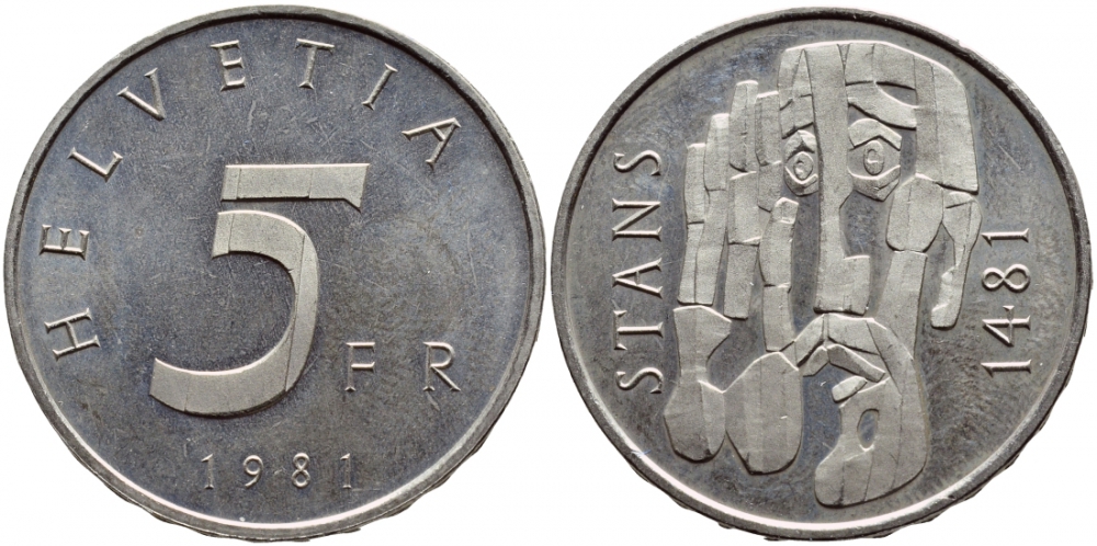 Швейцария 5 франков 1981 500 лет Станской Конвенции 1481 года KM 60 медно-никель UNC 443-143