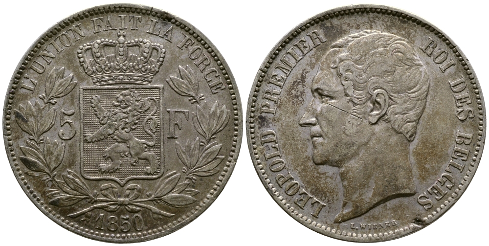 Бельгия 5 франков 1850 Леопольд I (1831-1865) KM 17 серебро 00-1067-3-43