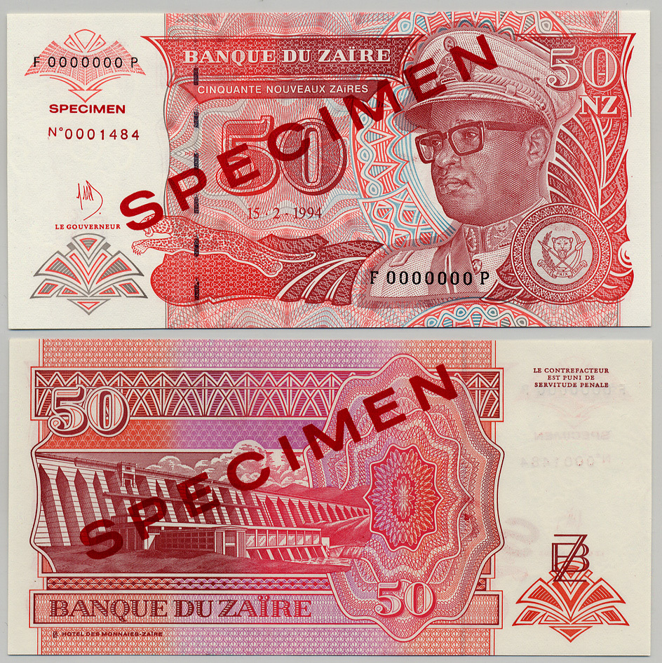 Заир 50 заиров 1994 Мобуту Сесе Секо в военной форме, ГЭС "Инга". Образец, Specimen Pick 59 s бумага UNC (пресс) 6279-33-1-1