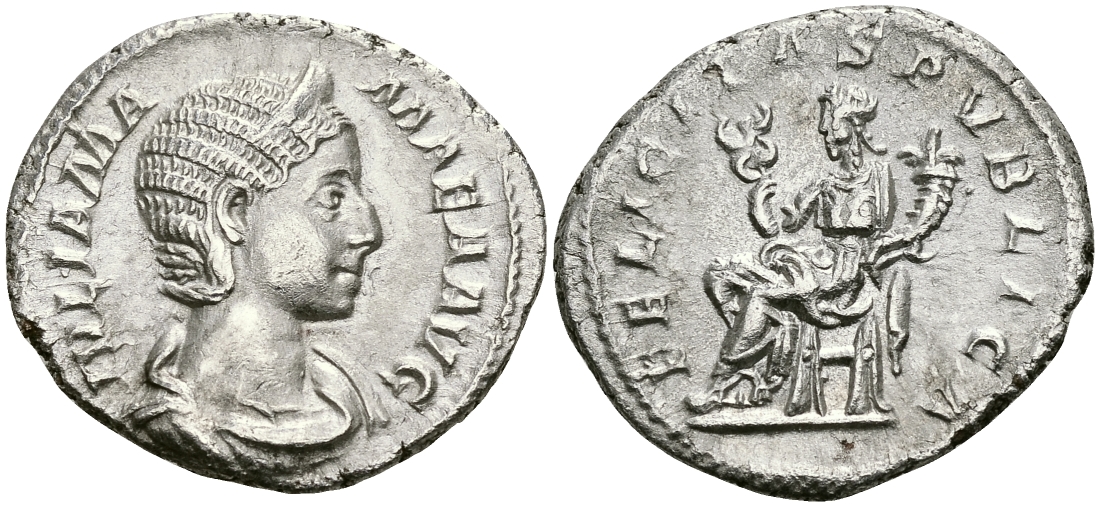Римская Империя денарий 228 Юлия Мамея, мать Александра Севера FELICITAS PVBLICA Фелицитата, персонификация Счастья Рим Good Very fine RIC 335 серебро 000-00-00