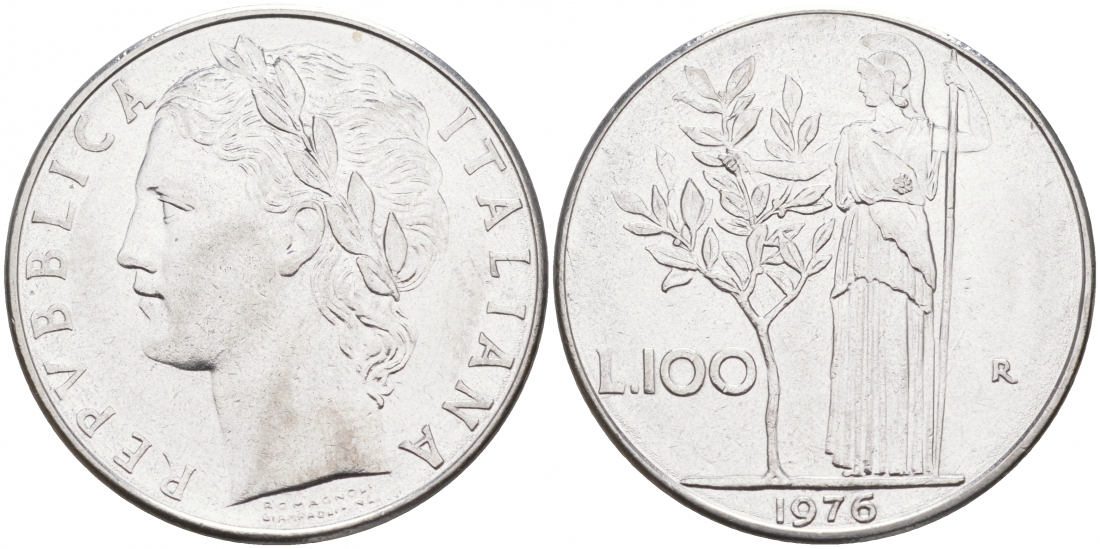 ИТАЛИЯ 100 ЛИР 1976 R, АФИНА KM 96.1 нержавеющая сталь 3855-821