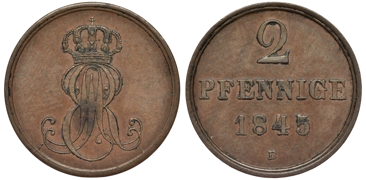 Ганновер 2 пфеннига 1845 B, Эрнст Август (1837-1851) KM 202.1, AKS 124, J. 75 медь 75-1825