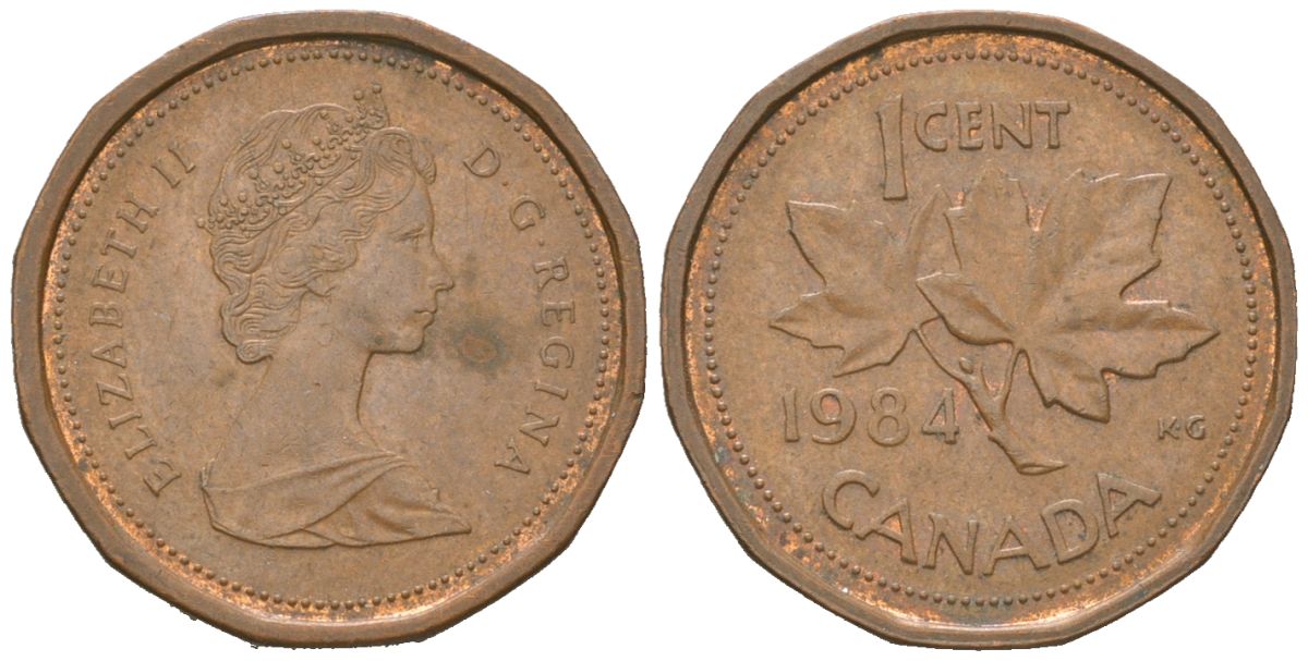 Канада 1 цент 1984 Елизавета II (1952-2022), кленовый лист KM 132 бронза 4617-917