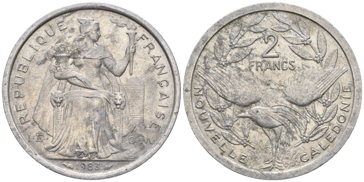 Французская Новая Каледония 2 франка 1983 птица кагу, (IEOM) KM 14, Schoen 11, Lec 63 алюминий    08-1116