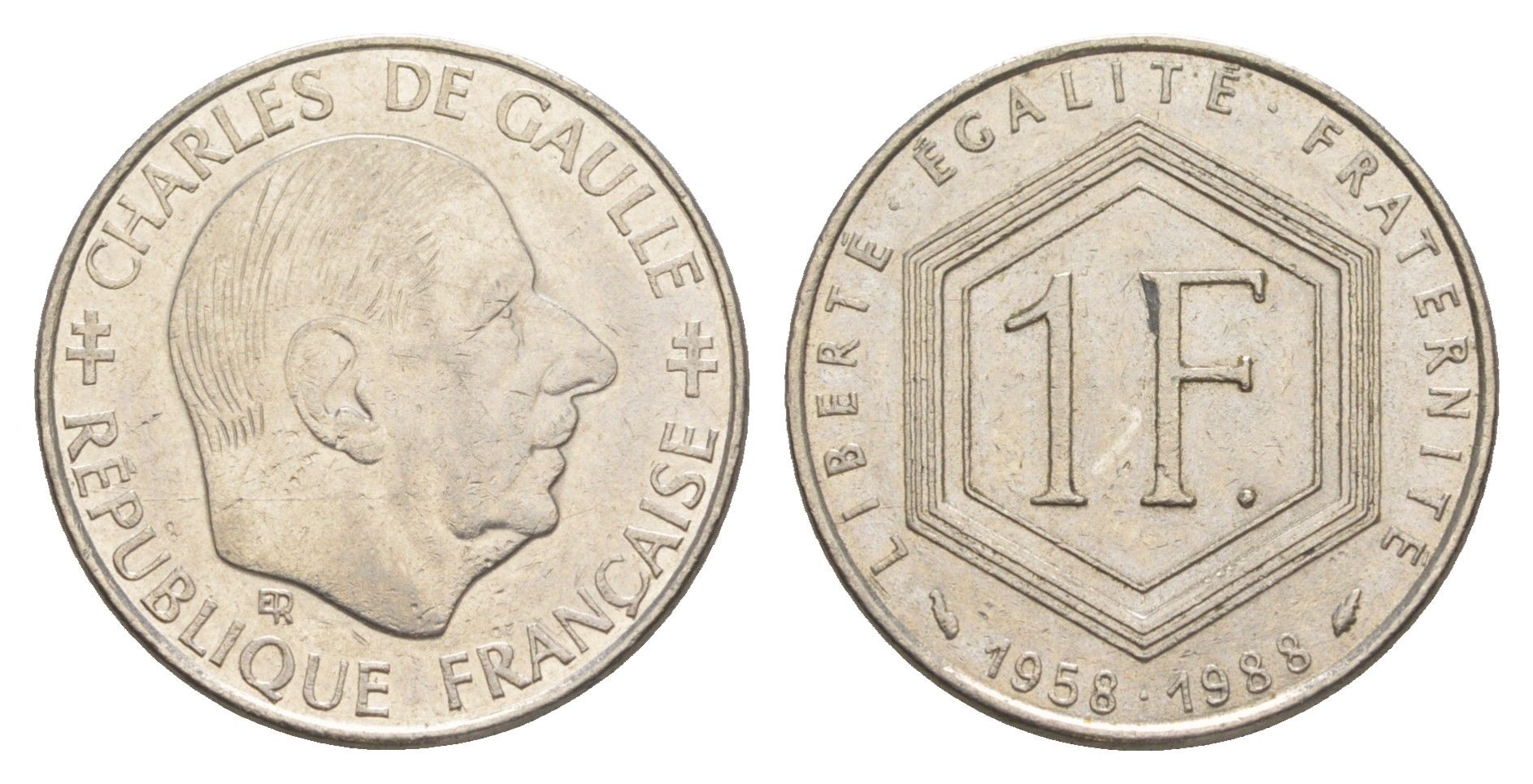 Франция 1 франк 1988 30 лет Пятой Республике, Шарль де Голль KM 963, Le Franc 227.2 никель 4543-117