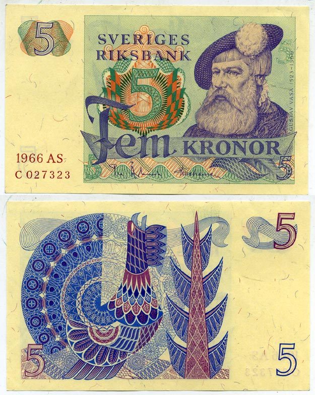 Швеция 5 крон 1966 AS, Густав I Ваза Pick 51a бумага aUNC 2192-14-3-1