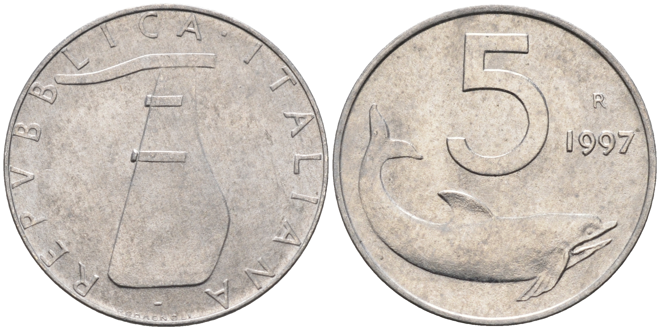 Италия 5 лир 1997 R, дельфин KM 92 алюминий  UNC  4594-635