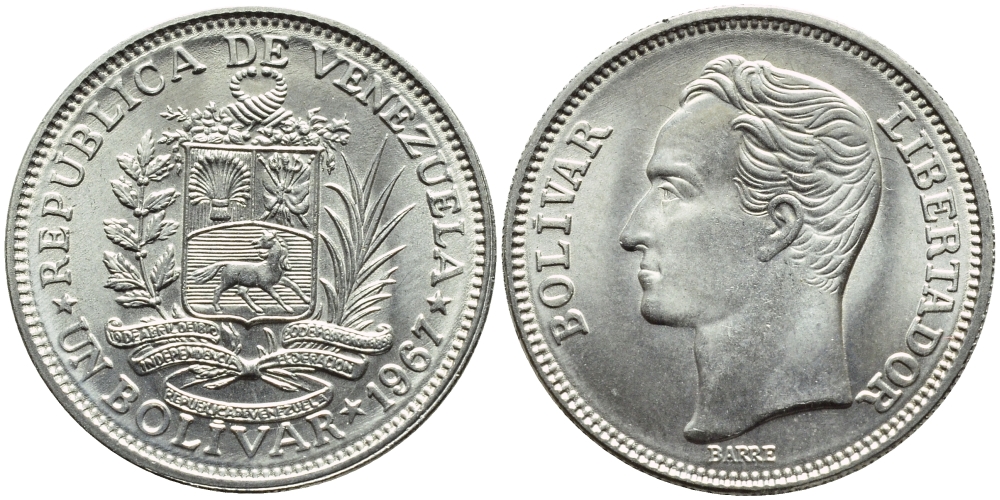 Венесуэла 1 боливар 1967 Симон Боливар KM 42 никель 51-637