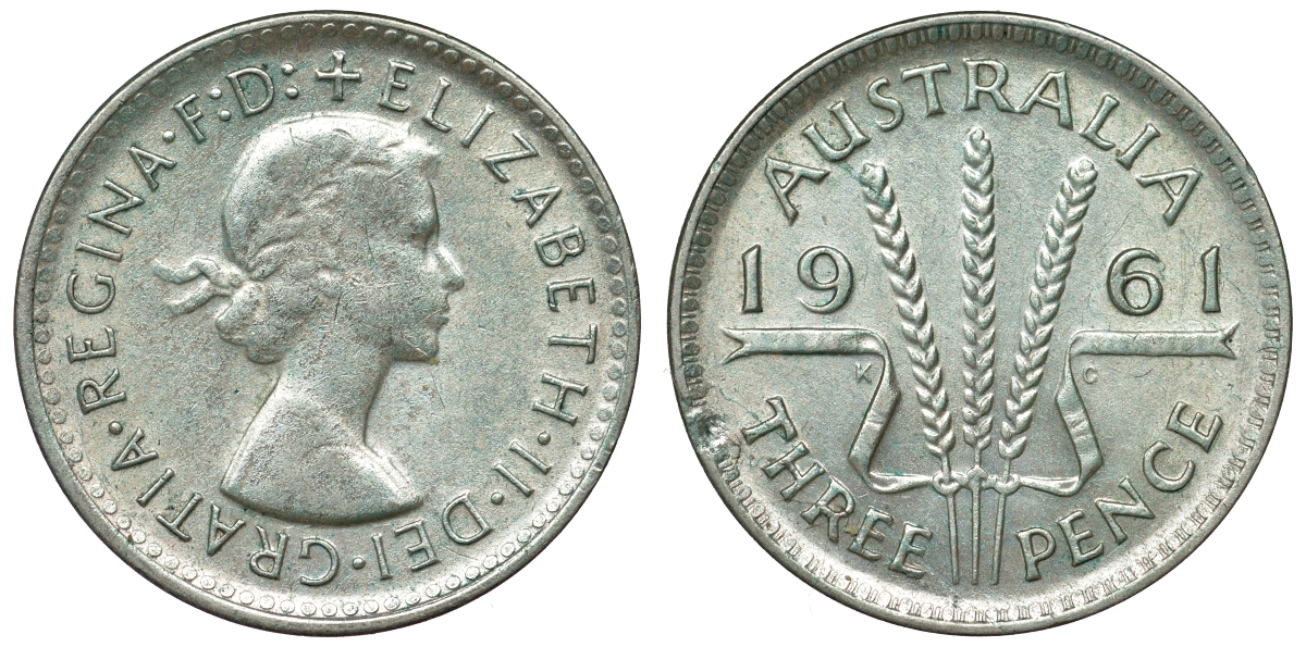 Австралия 3 пенса 1961 m, Елизавета II (1952-2022) KM 57 серебро 71-746