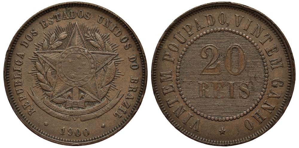 БРАЗИЛИЯ 20 РЕЙС 1900 РЕСПУБЛИКА (1889-1942) KM 490 бронза 4529-517