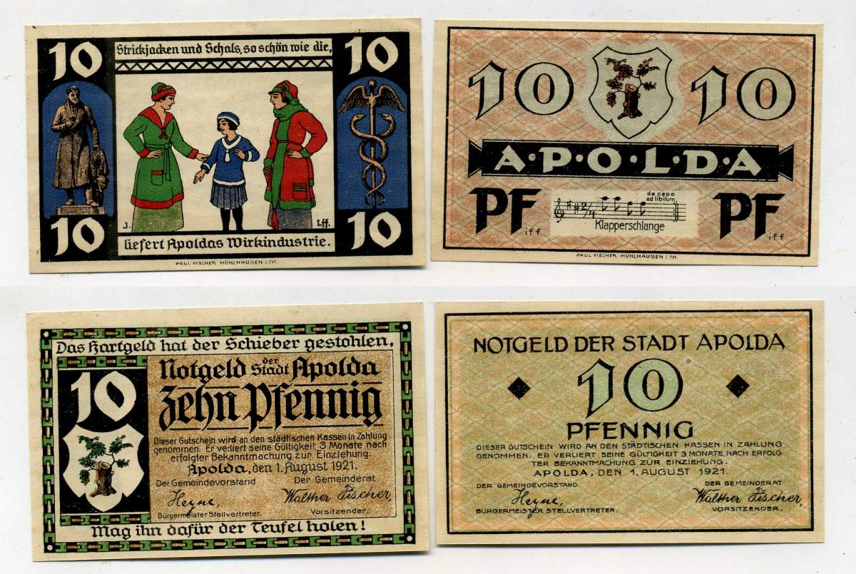 АПОЛЬДА ЛОТ ИЗ 2 БОН ПО 10 ПФЕННИГОВ 1921 МУЗЫКА бумага UNC (ПРЕСС) 70-2212