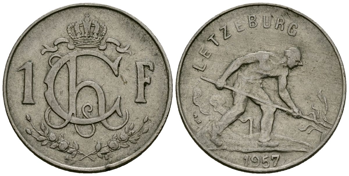 Люксембург 1 франк 1957 KM 46.2 медно-никель 4166-513
