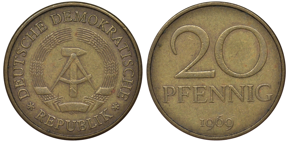 ГДР 20 пфеннигов 1969 А, первый год KM 11 латунь 62-1212