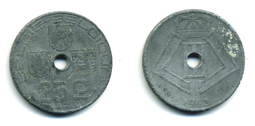 БЕЛЬГИЯ 25 САНТИМОВ 1943 BELGIE-BELGIQUE, ГЕРМАНСКАЯ ОККУПАЦИЯ, ВТОРАЯ МИРОВАЯ ВОЙНА KM 132 цинк 57-313