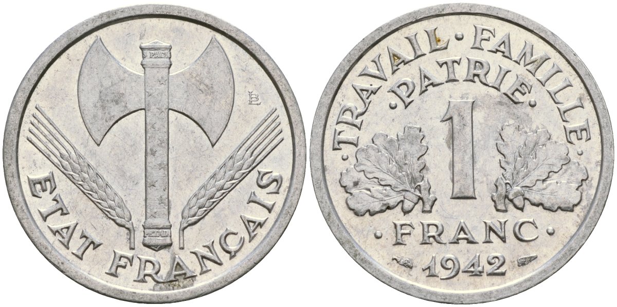 Франция 1 франк 1942 LB, тип LOURDE, правительство Виши KM 902.1, Le Franc 222.2 алюминий 51-3336