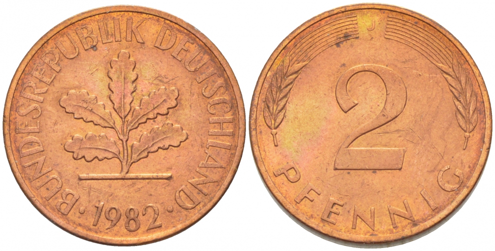 ФРГ 2 ПФЕННИГА 1982 J KM 106a, J.381a сталь плакированная сталь плакированная медьюю 4396-1614