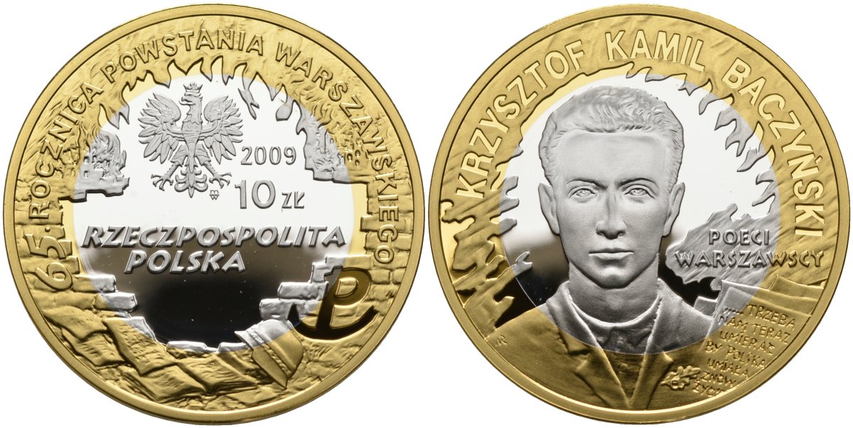 Польша 10 злотых 2009 MW, Кшиштоф Камиль Бачинский (1921-1944), позолота KM 689 серебро, биметалл PROOF 1085-1-74