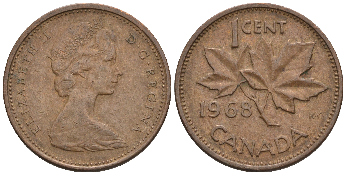 Канада 1 цент 1968 Елизавета II (1952-2022), кленовый лист KM 59.1 бронза 4609-133