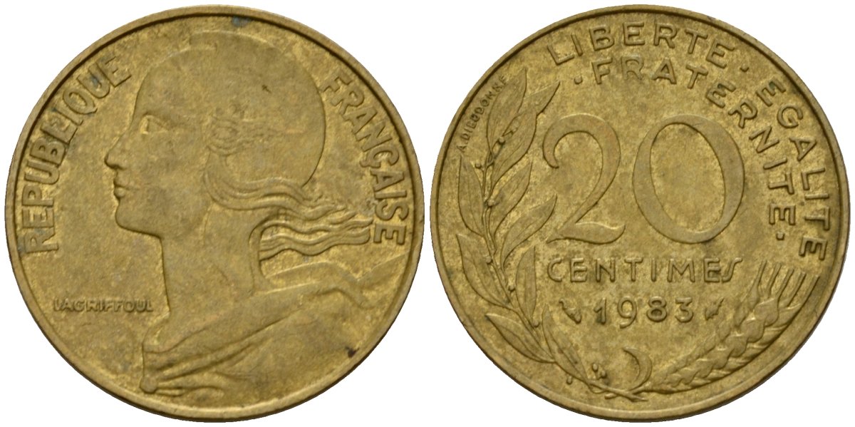 Франция 20 сантимов 1983 тип Marianne KM 930 алюминиевая бронза 4393-657