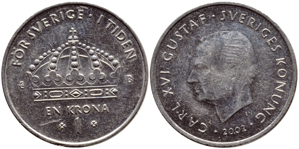 Швеция 1 крона 2002 Карл XVI Густав (1973- ) KM 894 медно-никель 4364-1253