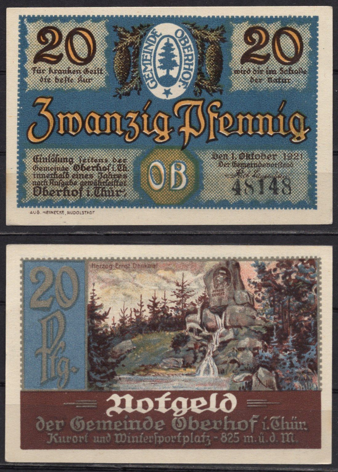 Германия, Оберхоф 20 пфеннигов 1921 Нотгельд, юбилейный выпуск Gra 996.4-6/18 бумага 7555-46-2-1