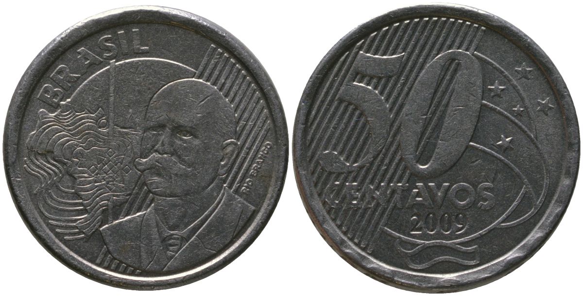Бразилия 50 сентаво 2009 KM 651a, Schon 159a, Bentes 780 нержавеющая сталь 4523-431