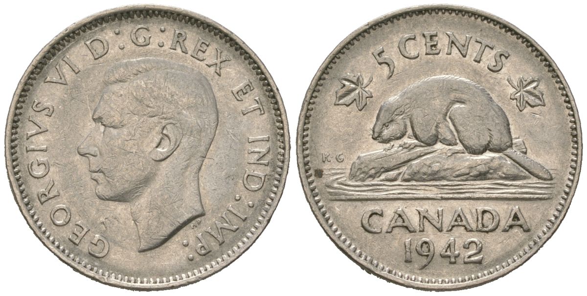 Канада 5 центов 1942 Георг VI (1936-1952), бобр KM 33 никель 4618-721