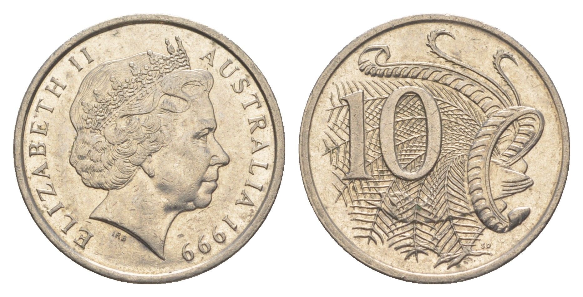 Австралия 10 центов 1999 Елизавета II (1952-2022), птица лирахвост KM 402 медно-никель 4384-251