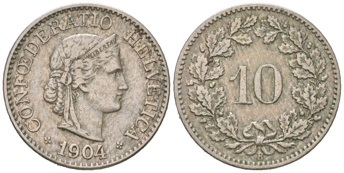 Швейцария 10 раппенов 1904 B KM 27 медно-никель 4164-1011