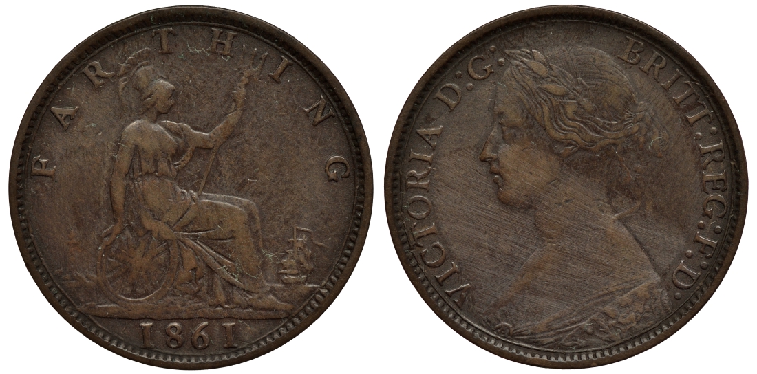 Великобритания 1 фартинг 1861 Виктория (1837-1901) KM 747.2, Spink 3958 бронза 4114-735