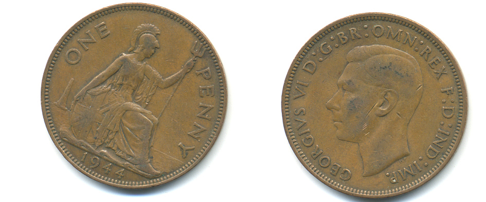 Великобритания 1 пенни 1944 Георг VI (1936-1952) KM 845, Spink 4114 бронза 89-212