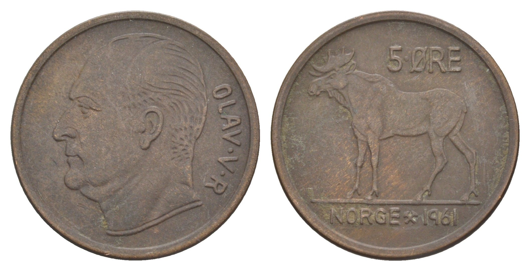 Норвегия 5 эре 1961 Улаф V (1957-1991) KM 405 бронза 4633-957