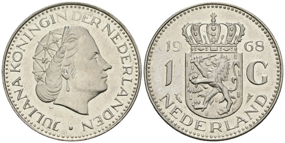 Нидерланды 1 гульден 1968 Юлиана (1948-1980) KM 184a никель UNC 4579-517