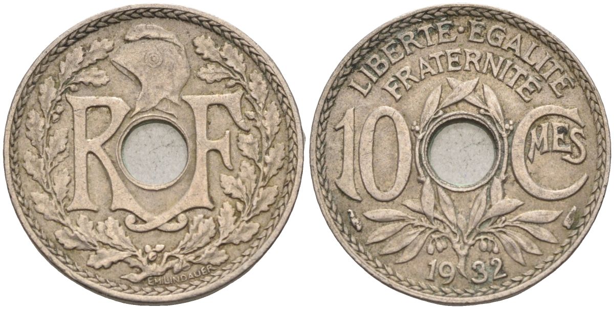 Франция 10 сантимов 1932 тип Lindauer KM 866а, Le Franc 138.19 медно-никель 4126-634