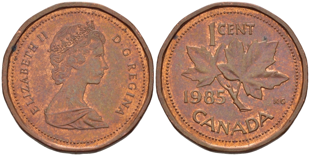 Канада 1 цент 1985 Елизавета II (1952-2022), кленовый лист KM 132 бронза 54-942