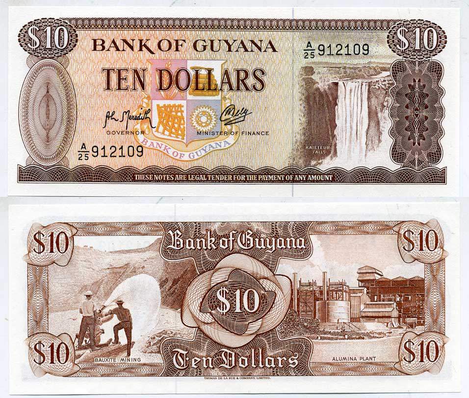 Гайана 10 долларов ND (1966-1992) водопад Кайетур Pick 23 f бумага UNC (пресс) 3295-14-3