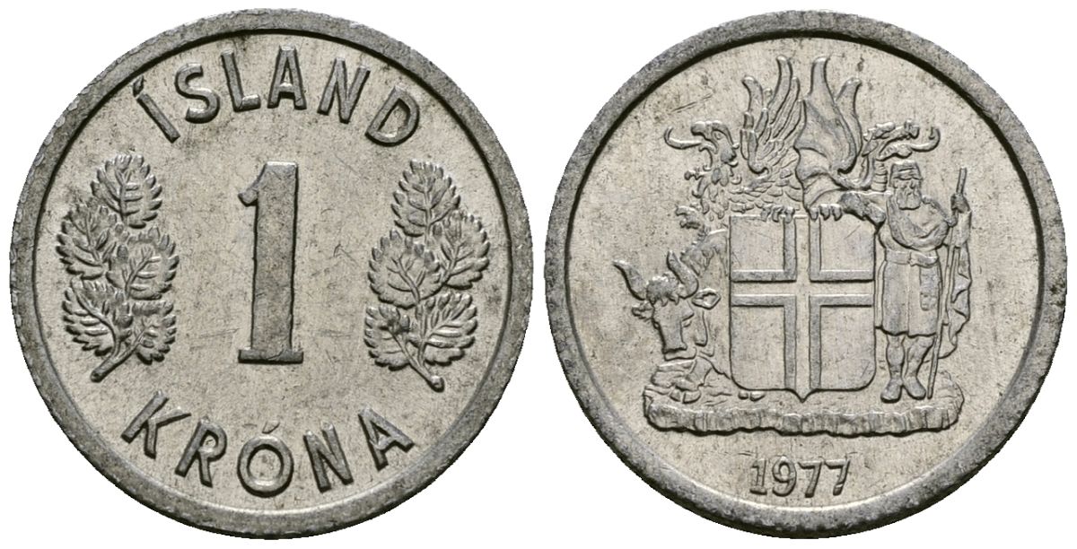 Исландия 1 крона 1977 KM 23 алюминий 4136-1021