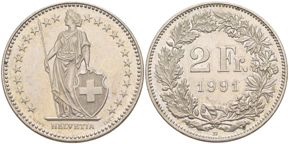 Швейцария 2 франка 1991 В KM 21а.3 медно-никель 00-00