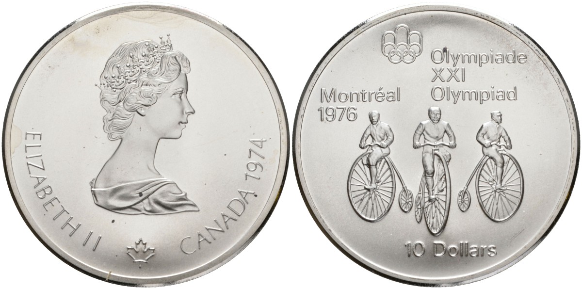 Канада 10 долларов 1974 XXI летние Олимпийские игры в Монреале 1976 года, велоспорт KM 95 серебро UNC 02-263-24