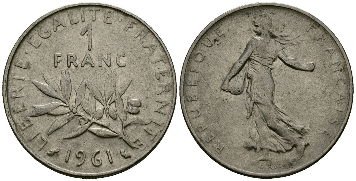 Франция 1 франк 1961 сеятель KM 925 никель 4135-816