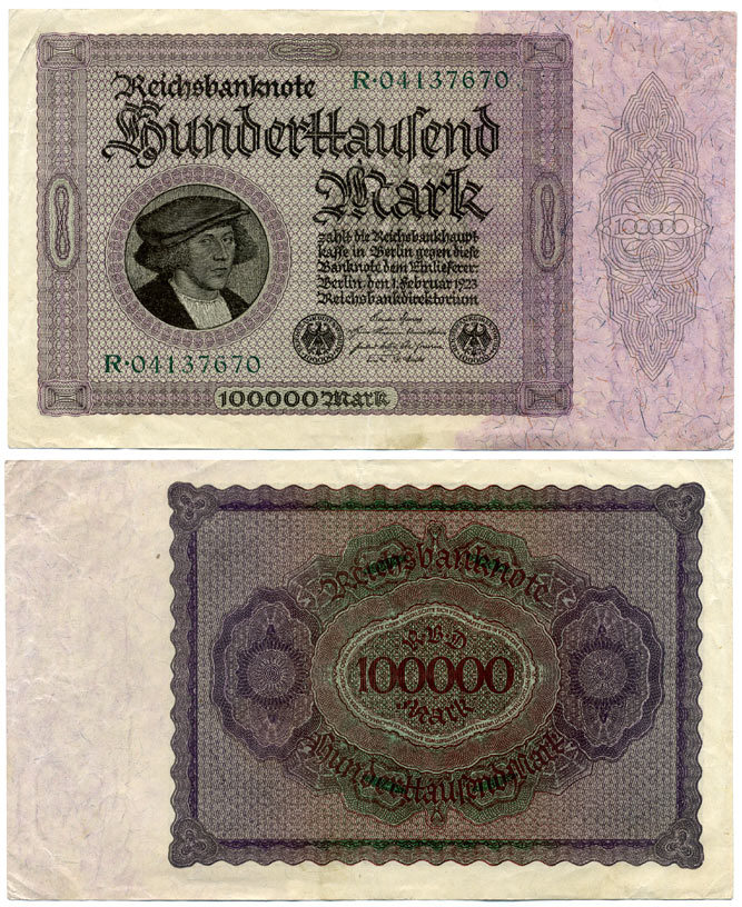 Германия 100000 марок 1923 Георг Гизе, без T под портретом, 8 цифр в номере Pick 83 a, Розенберг 82 а бумага 7486-76-2