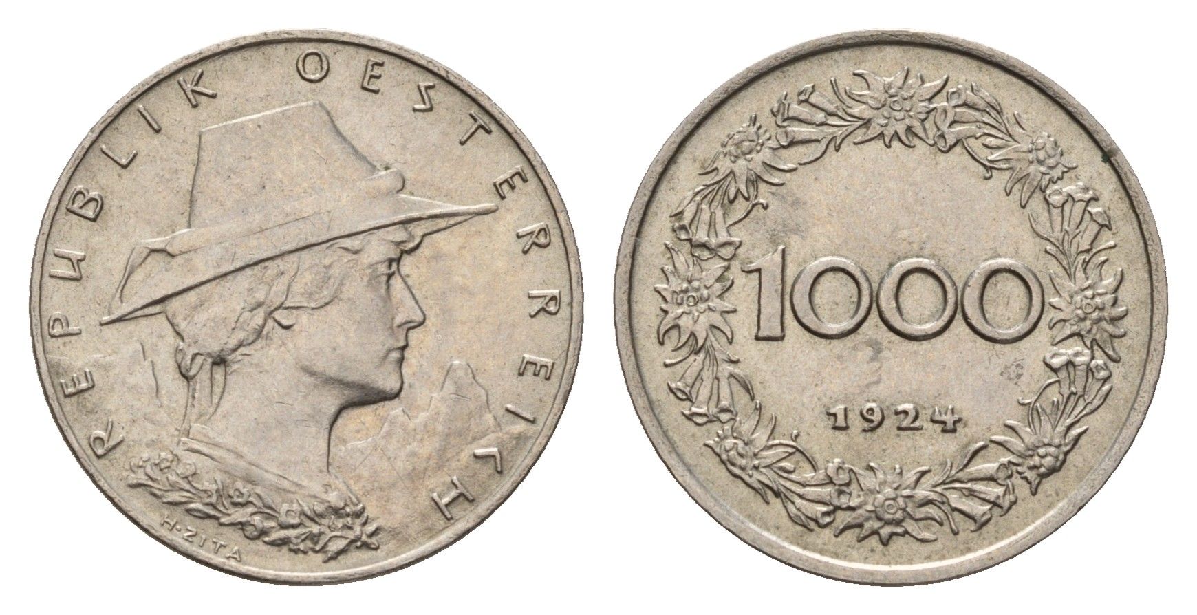 Австрия 1000 крон 1924 год-тип KM 2834 медно-никель aUNC 4669-657