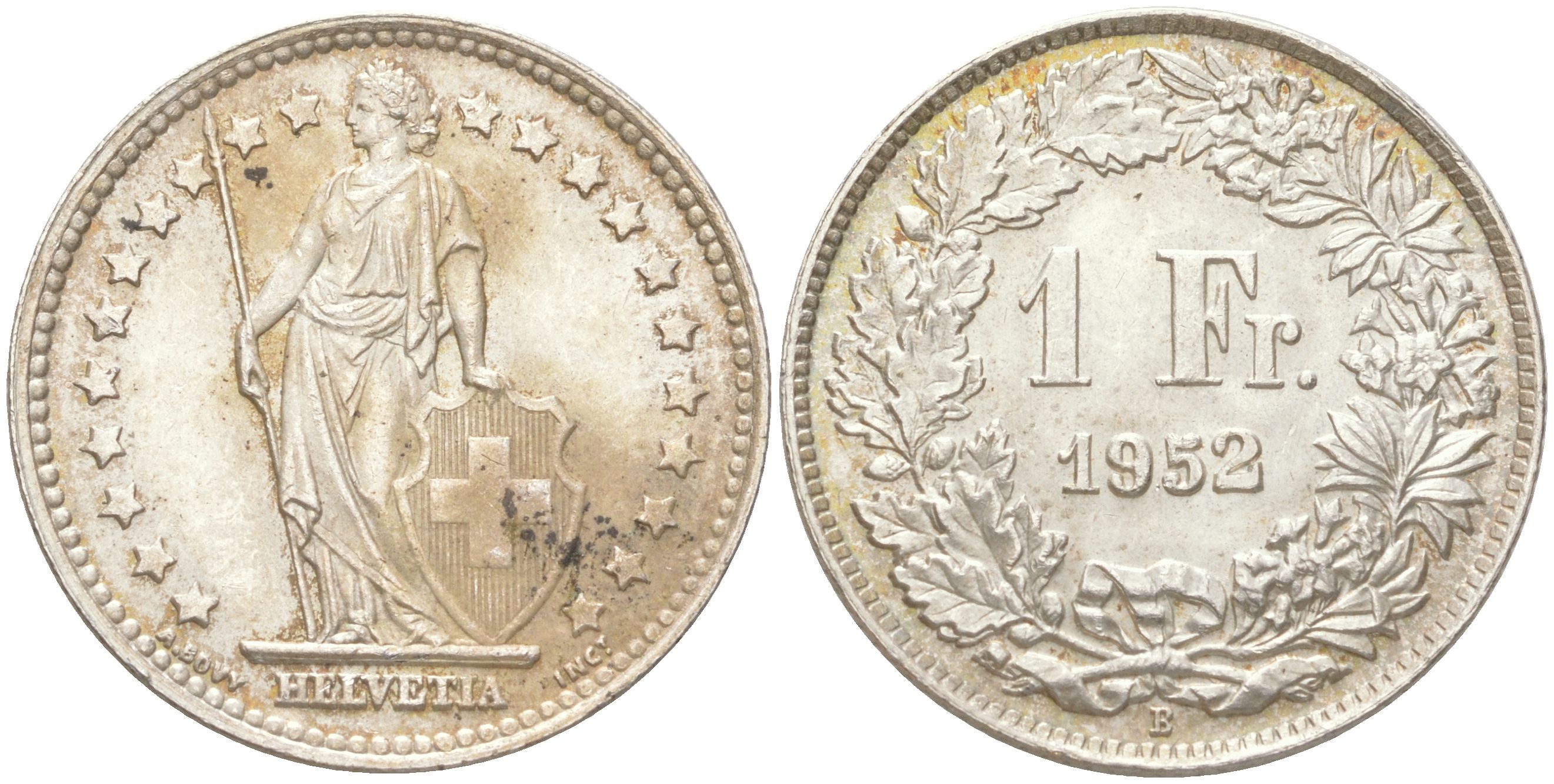 Швейцария 1 франк 1952 B KM 24 серебро 4620-1212