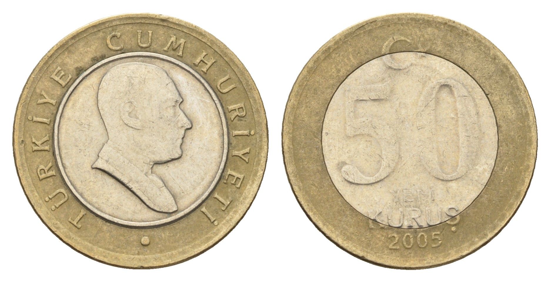 Турция 50 новых курушей 2005 Кемаль Ататюрк KM 1168 биметалл 4675-213