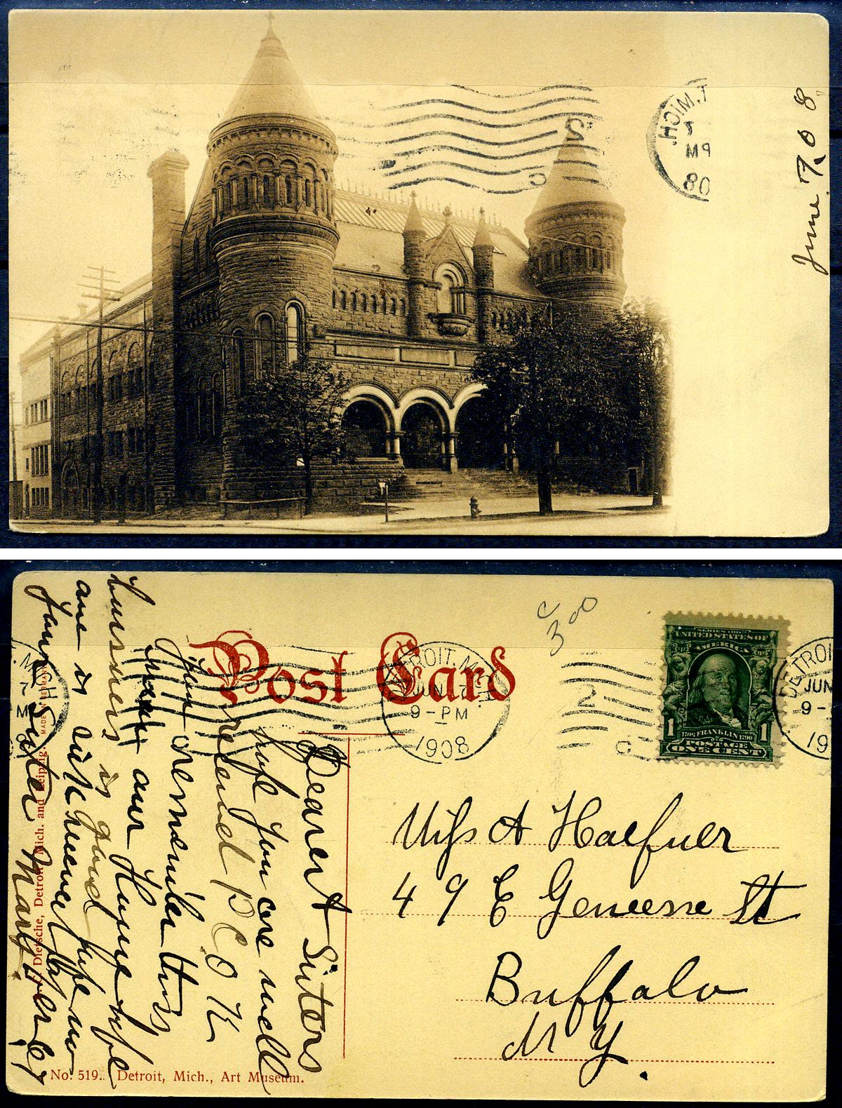 США post card - открытка 1908 Детройт, Мичиган, с маркой в 1 цент 2193-92