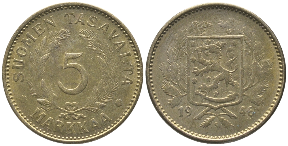 ФИНЛЯНДИЯ 5 МАРОК 1946 S KM 31а латунь 34-114