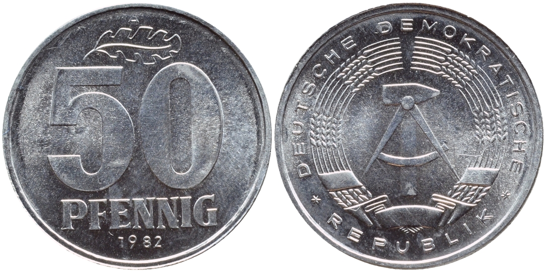 ГДР 50 ПФЕННИГОВ 1982 А KM 12.2 алюминий UNC 4391-412