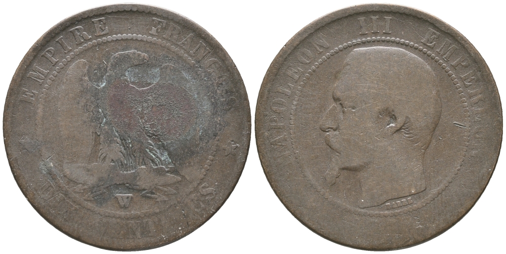 ФРАНЦИЯ 10 САНТИМОВ 1856 W, НАПОЛЕОН III (1852-1870) KM 771.7, LA FRANC 133.38 бронза 51-2336