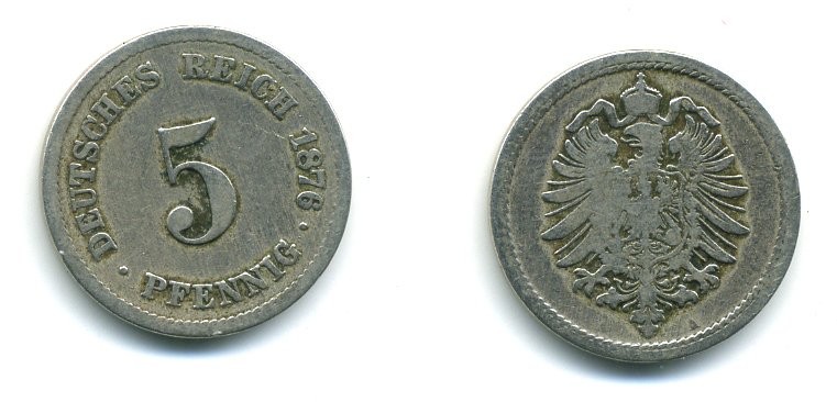ГЕРМАНИЯ 5 ПФЕННИГОВ 1876 A, СТАРОГЕРБОВКА KM 3, J.3 медно-никель 54-357