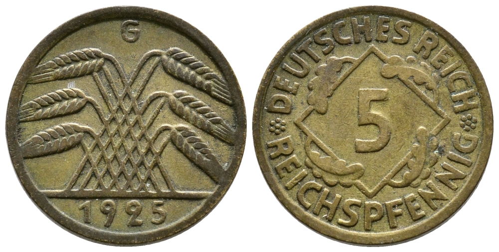 ГЕРМАНИЯ 5 РЕЙХСПФЕННИГОВ 1925 G, KM 39, J. 316 алюминиевая бронза 80-741